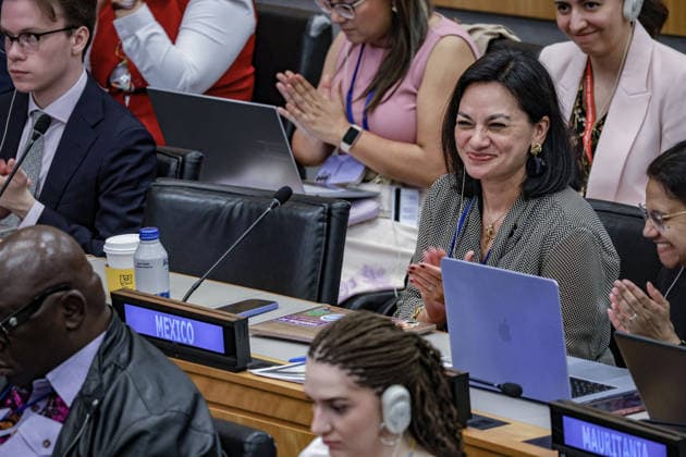 May 5, 2026, New York, New York, USA: A representative of Mexico claps after speaking during the second day of the Second International Migration Review Forum (IMRF) at UNHQ. Mexico addressed the challenges of transit migration, migrant protection, regular pathways and shared responsibility in managing migration across countries of origin, transit, destination and return. New York USA - ZUMAo116 20260505_znp_o116_042 Copyright: xBiancaxOterox