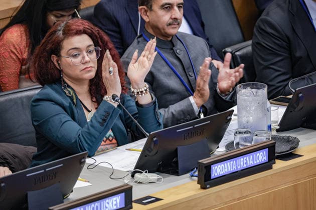 May 5, 2026, New York, New York, USA: JORDANIA URENA LORA, Deputy General Secretary of the International Trade Union Confederation (ITUC), claps as she sits on the panel of the second day of the Second International Migration Review Forum (IMRF) at UNHQ. The forum brings together governments, representatives and stakeholders to discuss migration governance, international cooperation, migrant protection and the challenges shaping global migration. New York USA  - ZUMAo116 20260505_znp_o116_056 Copyright: xBiancaxOterox
