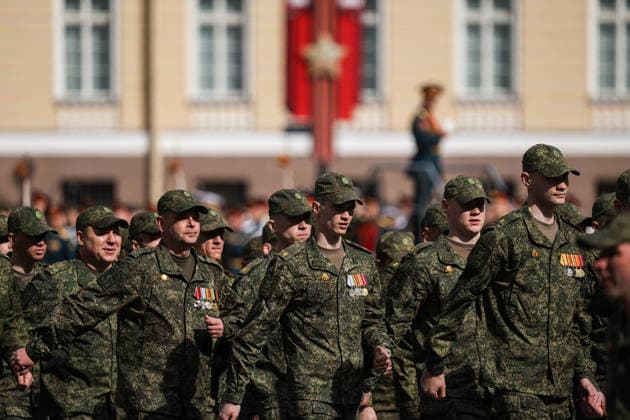 Rehearsal for the 81st Victory Day Parade in St. Petersburg, Russia - 05 May 2026 A formation of Russian servicemen in camouflage uniforms and berets march across Palace Square during a rehearsal for the military parade dedicated to the 81st anniversary of Victory in World War II. The rehearsal of parade units on foot took place on Palace Square in St. Petersburg in preparation for the 81st anniversary of Victory in the Great Patriotic War. Units of the Leningrad Military District, cadets from military academies, and representatives of law enforcement agencies participated in the training. The specialists practiced their marching skills and drill techniques accompanied by a combined military orchestra. On May 9, 1945 (Moscow time), the Act Copyright: xArtemxPriakhinx xSOPAxImagesx APR_4242 (1)