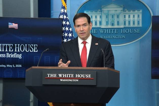 (260506) -- WASHINGTON, May 6, 2026 -- U.S. Secretary of State Marco Rubio speaks during a press briefing at the White House in Washington, D.C., the United States, on May 5, 2026. U.S. Secretary of State Marco Rubio said Tuesday the U.S. military campaign against Iran, which was jointly launched with Israel on Feb. 28, is over. The operation is over, Epic Fury, as the president notified Congress. We re done with that stage of it, Rubio said at a White House briefing. We re now on to this Project Freedom, a military operation the Pentagon launched Monday to guide stranded commercial vessels out of the Strait of Hormuz, Rubio went ahead, noting Washington s priority now was reopening the crucial global energy waterway. (Photo by