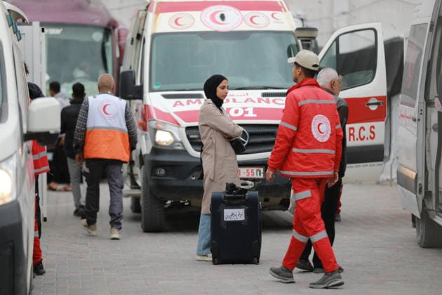 Group of Palestinian patients evacuated through the Rafah Border Crossing KHAN YUNIS, GAZA, PALESTINE - MAY 06: Wounded and sick Palestinians are transported with an ambulance through the Rafah Border Crossing for continued medical treatment in Egypt, from Khan Yunis, Gaza, Palestine on May 06, 2026. Adam Bilal Anadolu Khan Yunis Gaza. Editorial use only. Please get in touch for any other usage.  Copyright: x2026xAnadoluxAdamxBilalx