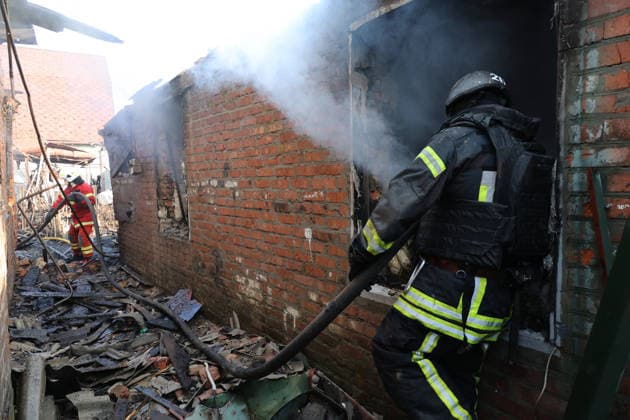 Firefighters extinguish a fire in a private house that was hit by a Russian strike drone, Kharkiv, Ukraine, May 6, 2026. On Wednesday morning, Russian troops attacked Kharkiv with Shahed-type drones. Strikes on residential areas in the Novobavarskyi and Shevchenkivskyi districts injured two people. (Photo by Viacheslav Madiievskyi Ukrinform) Russian drone destroys house in Kharkiv  Copyright: xViacheslavxMadiievskyix