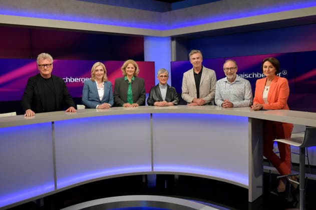 Hans Ulrich Jörges, Nina Warken, Kristina Dunz, Britta Haßelmann, Dirk Steffens, Jimmy Wales and Sandra Maischberger on the ARD talk show maischberger in Studio Berlin Adlershof Berlin, 05 05 2026 Foto:xM.xBehrensx xFuturexImagex maischberger0505_6501
