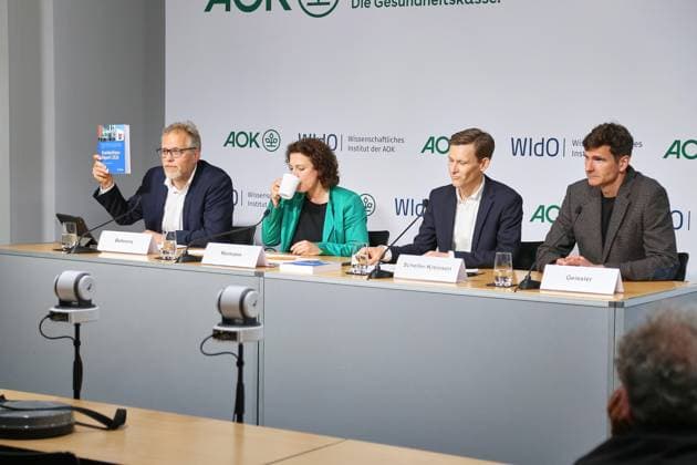 Berlin, Germany, 06 05 2026 House of the Federal Press Conference Press conference AOK BV and WIdO Hospital Report 2026 First interim assessment of the hospital reform L R Kai Behrens, Carola Reimann, David Scheller Kreinsen, Alexander Geissler Copyright: xdtsxNachrichtenagenturx dts_117925