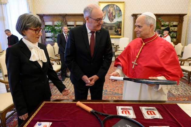 ITALY- REL VATICAN -POPE LEO XVI MEETS WITH HIS EXCELLENCY MR.GUY PARMELIN PRESIDENT OF THE SWISS CONFEDERATION May 6, 2026 ITALY REL - Vatican, May 6, 2026 Pope Leo XIV meets with His Excellency Mr. Guy Parmelin, President of the Swiss Confederation, who will attend the swearing-in ceremony for the new recruits of the Pontifical Swiss Guard at the Vatican EDITORIAL USE ONLY - NO BOOKS Copyright: xVATICANxMEDIAx xCatholicxPressxPhotox