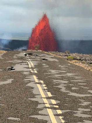 May 6, 2026, Kilauea, Hi, United States of America: The remains of Crater Rim Drive, appears to end at a fountain of molten lava during episode 46 on the south rim at the summit of Kīlauea inside the Hawaii Volcanoes National Park, May 5, 2026 near Hilo, Hawaii. Crater Rim Drive, became impassable during the 2018 Kīlauea summit collapse, and is littered with tephra fallout from past lava fountaining episodes. Kilauea United States of America - ZUMAp138 20260506_zaa_p138_008 Copyright: xMatthewxPatrick Usgsx