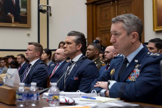 May 6, 2026, Washington, Dc, United States of America: Sitting from left: Pentagon Chief Financial Officer Jules Hurst III, U.S Defense Secretary Pete Hegseth and Chairman of the Joint Chiefs Gen. Dan Caine listen to a question during testimony before the Senate Armed Services Committee on Capitol Hill, April 30, 2026 in Washington, D.C. Washington United States of America - ZUMAp138 20260506_zaa_p138_018 Copyright: xSsgt.xMadelynxKeech Dodx