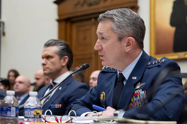 May 6, 2026, Washington, Dc, United States of America: U.S Chairman of the Joint Chiefs Gen. Dan Caine, right, responds to a question as Defense Secretary Pete Hegseth, left, looks on during testimony before the Senate Armed Services Committee on Capitol Hill, April 30, 2026 in Washington, D.C. Washington United States of America - ZUMAp138 20260506_zaa_p138_020 Copyright: xSsgt.xMadelynxKeech Dodx