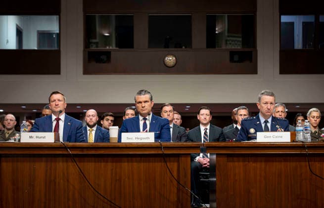 May 6, 2026, Washington, Dc, United States of America: Sitting from left: Pentagon Chief Financial Officer Jules Hurst III, U.S Defense Secretary Pete Hegseth and Chairman of the Joint Chiefs Gen. Dan Caine listen to a question during testimony before the Senate Armed Services Committee on Capitol Hill, April 30, 2026 in Washington, D.C. Washington United States of America - ZUMAp138 20260506_zaa_p138_023 Copyright: xBenjaminxApplebaum Dodx