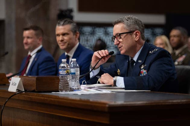May 6, 2026, Washington, Dc, United States of America: U.S Chairman of the Joint Chiefs Gen. Dan Caine, right, responds to a question during testimony before the Senate Armed Services Committee on Capitol Hill, April 30, 2026 in Washington, D.C. Sitting from left: Pentagon Chief Financial Officer Jules Hurst III, Defense Secretary Pete Hegseth and Chairman of the Joint Chiefs Gen. Dan Caine. Washington United States of America - ZUMAp138 20260506_zaa_p138_026 Copyright: xSsgt.xMadelynxKeech Dodx