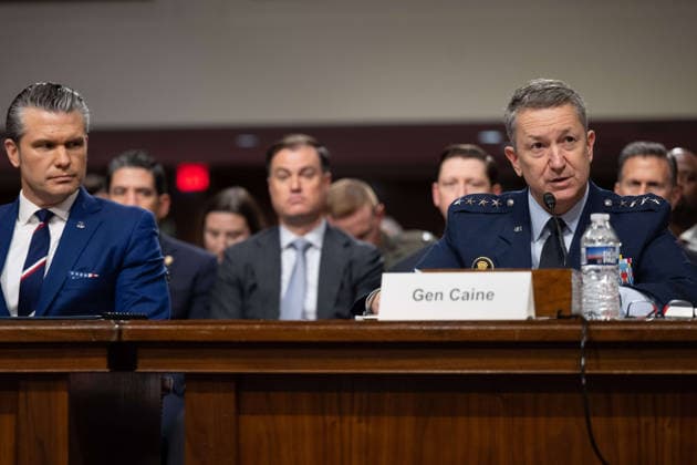 May 6, 2026, Washington, Dc, United States of America: U.S Chairman of the Joint Chiefs Gen. Dan Caine, right, responds to a question as Defense Secretary Pete Hegseth, left, looks on during testimony before the Senate Armed Services Committee on Capitol Hill, April 30, 2026 in Washington, D.C. Washington United States of America - ZUMAp138 20260506_zaa_p138_027 Copyright: xPo1xEricxBrann Dodx