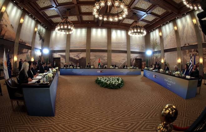 (260506) -- AMMAN, May 6, 2026 -- Photo taken on May 6, 2026 shows the fifth Jordan-Cyprus-Greece trilateral summit held in Amman, Jordan. The fifth Jordan-Cyprus-Greece trilateral summit was held here Wednesday, focusing on their cooperation and regional developments, read a statement released by Jordan s Royal Hashemite Court. (Photo by Xinhua) JORDAN-AMMAN-JORDAN-CYPRUS-GREECE-TRILATERAL SUMMIT MohammadxAbuxGhosh 