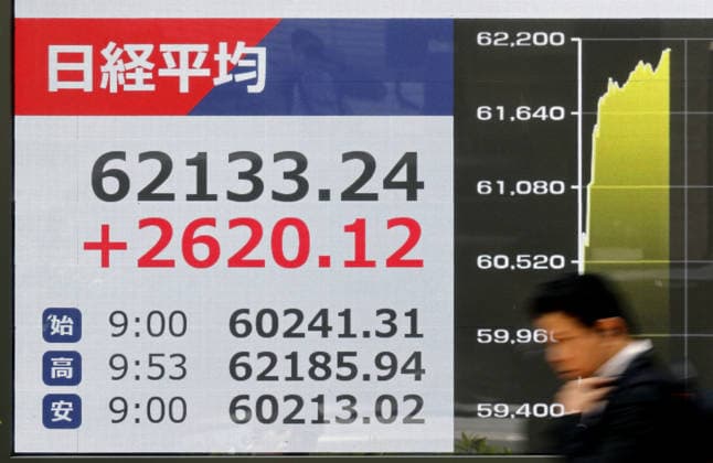 Nikkei hits record intraday high An electronic board in central Tokyo shows the 225-issue Nikkei Stock Average rising sharply to hit a record intraday high above 62,000 during morning trading on May 7, 2026.  A14AA0005513956P