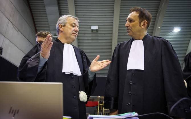 Lawyer Frank Discepoli, defending P. Falzone and Lawyer Fabrice Guttadauria, defending A. Falzone pictured during the trial of P. and A. Falzone, at the Court of Appeal of Mons, on Thursday 07 May 2026. The trial of the two men concerns the 2022 tragedy in Strepy-Bracquegnies, where a car plowed into a carnival parade around 5:00. Six people died at the scene, and a seventh months later in the hospital. P. Falzone is charged with seven murder and 81 attempted murder. A. Falzone with failure to render aid to a person in danger.  VIRGINIExLEFOUR 173112249