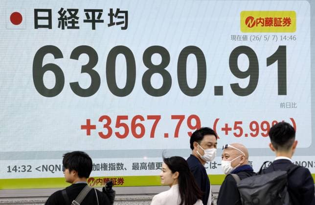 Nikkei ends at record high above 62,000 A financial data screen in central Tokyo on May 7, 2026, shows the 225-issue Nikkei Stock Average topping 63,000 for the first time on May 7, 2026. The Nikkei closed the day at 62,833.84, a record high.  A14AA0005520379P