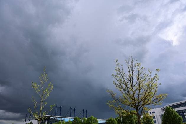 Thunderclouds 06 05 2026, Erfurt, Thunderclouds dark clouds in the sky above the Erfurt trade fair center