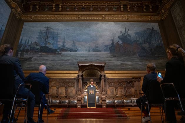 Friedrich Merz, Federal Chancellor, during his speech at Hamburg City Hall 76 Great Overseas Day in Hamburg, April 2026 Ceremony at Hamburg City Hall, Hamburg Hamburg Germany City Hall