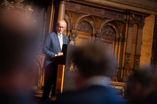 Friedrich Merz, Federal Chancellor, during his speech at Hamburg City Hall 76 Great Overseas Day in Hamburg, April 2026 Ceremony at Hamburg City Hall, Hamburg Hamburg Germany City Hall