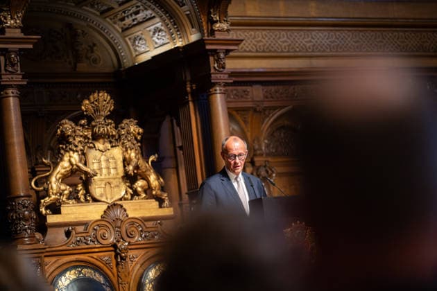 Friedrich Merz, Federal Chancellor, during his speech at Hamburg City Hall 76 Great Overseas Day in Hamburg, April 2026 Ceremony at Hamburg City Hall, Hamburg Hamburg Germany City Hall