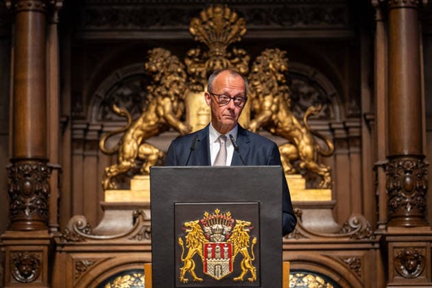Friedrich Merz, Federal Chancellor, during his speech at Hamburg City Hall 76 Great Overseas Day in Hamburg, April 2026 Ceremony at Hamburg City Hall, Hamburg Hamburg Germany City Hall