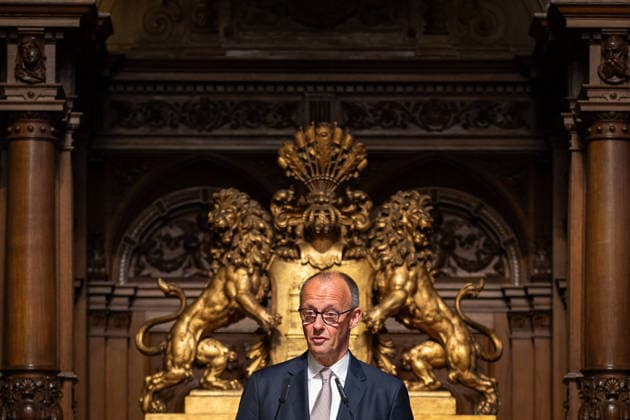 Friedrich Merz, Federal Chancellor, during his speech at Hamburg City Hall 76 Great Overseas Day in Hamburg, April 2026 Ceremony at Hamburg City Hall, Hamburg Hamburg Germany City Hall