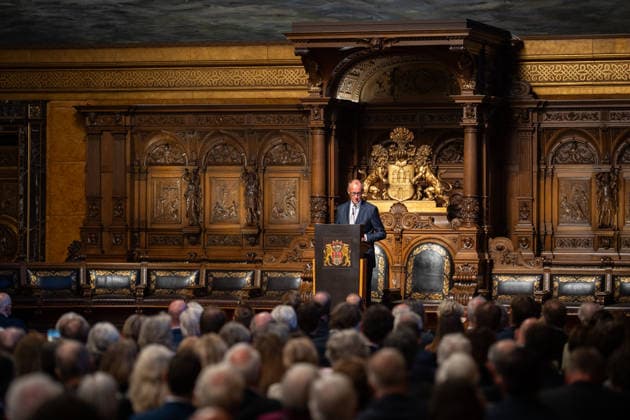 Friedrich Merz, Federal Chancellor, during his speech at Hamburg City Hall 76 Great Overseas Day in Hamburg, April 2026 Ceremony at Hamburg City Hall, Hamburg Hamburg Germany City Hall