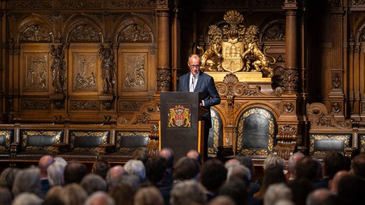 Friedrich Merz, Federal Chancellor, during his speech at Hamburg City Hall 76 Great Overseas Day in Hamburg, April 2026 Ceremony at Hamburg City Hall, Hamburg Hamburg Germany City Hall