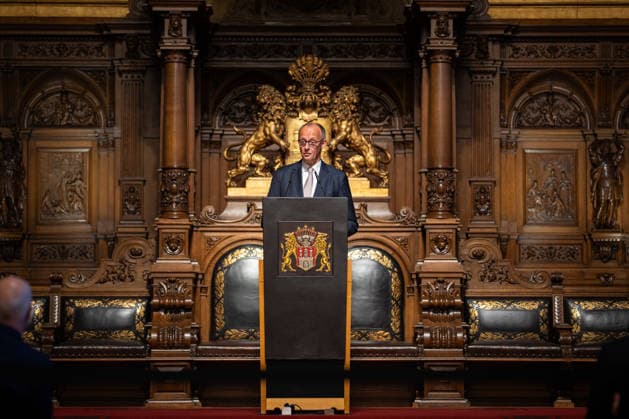 Friedrich Merz, Federal Chancellor, during his speech at Hamburg City Hall 76 Great Overseas Day in Hamburg, April 2026 Ceremony at Hamburg City Hall, Hamburg Hamburg Germany City Hall