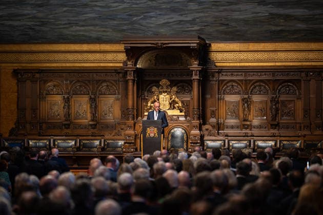 Friedrich Merz, Federal Chancellor, during his speech at Hamburg City Hall 76 Great Overseas Day in Hamburg, April 2026 Ceremony at Hamburg City Hall, Hamburg Hamburg Germany City Hall