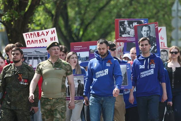 RUSSIA, MOSCOW - MAY 7, 2026: People take part in an event titled You Cannot Cancel Truth and Memory! outside the German Embassy in Moscow. Sofya Sandurskaya TASS  92136506