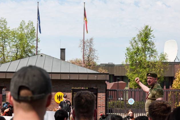 RUSSIA, MOSCOW - MAY 7, 2026: People take part in an event titled You Cannot Cancel Truth and Memory! outside the German Embassy in Moscow. Sofya Sandurskaya TASS  92137146