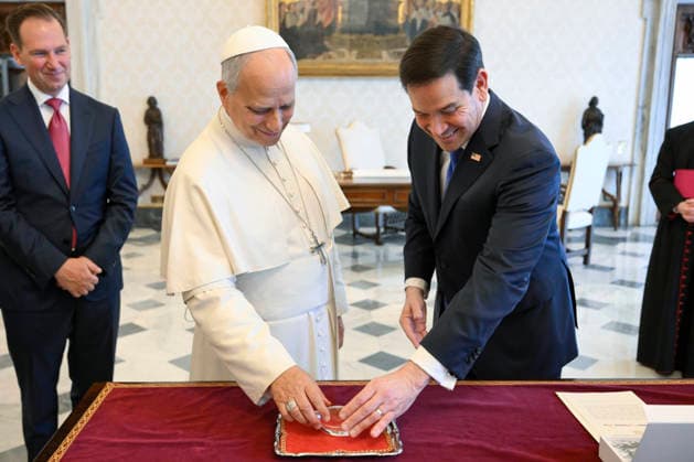 ITALY- REL VATICAN -POPE LEO XVI DURING A PRIVATE AUDIENCE WITH U.S.SECRETARY OF STATE MARCO RUBIO AT THE VATICAN May 7, 2026 ITALY REL - Vatican, May 7, 2026: Pope Leo VIX during a private audience with U.S. Secretary of State Marco Rubio at the Vatican. EDITORIAL USE ONLY - NO BOOKS Copyright: xVATICANxMEDIAx xCatholicxPressxPhotox