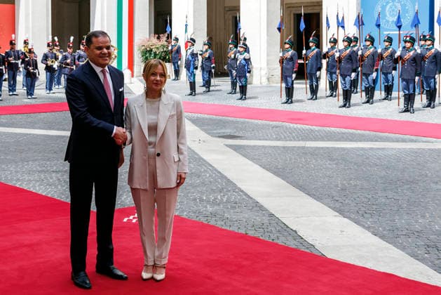 May 7, 2026, Rome, Italia, Italy: Prime Minister Giorgia Meloni with Prime Minister of the Libyan Government of National Unity Abdul Hamid Mohammed Dbeibeh at Palazzo Chigi, Rome, May 7, 2026 Rome Italy  - ZUMAa289 20260507_zia_a289_085 Copyright: xFrancescoxFotiax xAgfx