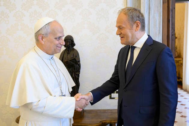 ITALY- REL VATICAN -POPE LEO XVI DURING A PRIVATE AUDIENCE WITH HIS EXCELLENCY MR.DONALD TUSK, PRIME MINISTER OF THE REPUBLIC OF POLAND AT THE VATICAN May 7, 2026 ITALY REL - Vatican,May 7, 2026: Pope Leo VIX during a private audience with His Excellency Mr. Donald Tusk, Prime Minister of the Republic of Poland, at the Vatican. EDITORIAL USE ONLY - NO BOOKS Copyright: xVATICANxMEDIAx xCatholicxPressxPhotox