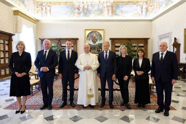 ITALY- REL VATICAN -POPE LEO XVI DURING A PRIVATE AUDIENCE WITH HIS EXCELLENCY MR.DONALD TUSK, PRIME MINISTER OF THE REPUBLIC OF POLAND AT THE VATICAN May 7, 2026 ITALY REL - Vatican,May 7, 2026: Pope Leo VIX during a private audience with His Excellency Mr. Donald Tusk, Prime Minister of the Republic of Poland, at the Vatican. EDITORIAL USE ONLY - NO BOOKS Copyright: xVATICANxMEDIAx xCatholicxPressxPhotox