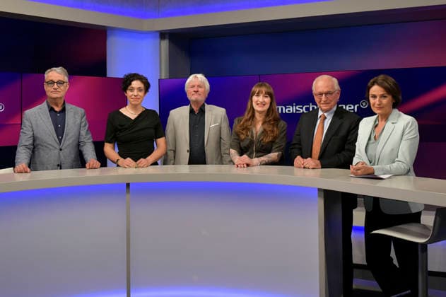 Gabor Steingart, Katharina Hamberger, Jürgen Becker, Heidu Reichinnek, Wolfgang Ischinger and Sandra Maischberger on the ARD talk show maischberger in Studio Berlin Adlershof Berlin, 06 05 2026 Foto:xM.xBehrensx xFuturexImagex maischberger0605_6501