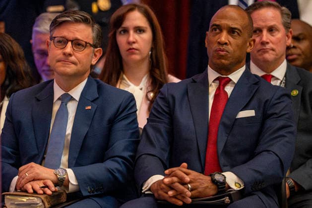 Speaker of the House Mike Johnson, R-LA, and Secretary of Housing and Urban Development Scott Turner attend an observance celebrating the 75th National Day of Prayer in Statuary Hall at the U.S. Capitol in Washington, DC on Thursday, May 7, 2026. The National Day of Prayer was created in 1952 as an annual observance held on the first Thursday in May to encourage all faiths to pray for the nation.  WAP20260507301 BONNIExCASH