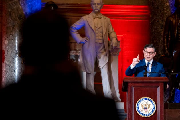 Speaker of the House Mike Johnson, R-LA, speaks during an observance celebrating the 75th National Day of Prayer in Statuary Hall at the U.S. Capitol in Washington, DC on Thursday, May 7, 2026. The National Day of Prayer was created in 1952 as an annual observance held on the first Thursday in May to encourage all faiths to pray for the nation.  WAP20260507306 BONNIExCASH