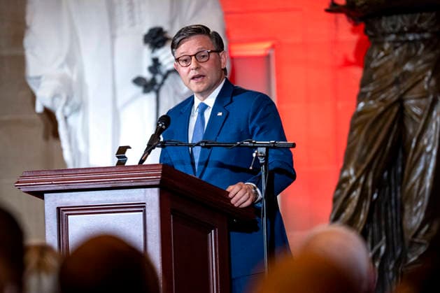 Speaker of the House Mike Johnson, R-LA, speaks during an observance celebrating the 75th National Day of Prayer in Statuary Hall at the U.S. Capitol in Washington, DC on Thursday, May 7, 2026. The National Day of Prayer was created in 1952 as an annual observance held on the first Thursday in May to encourage all faiths to pray for the nation.  WAP20260507310 BONNIExCASH