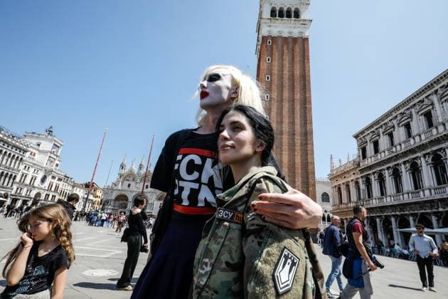 May 7, 2026, Venice, Rome, Italy: May 7, 2026, Venice. 61st International Art Exhibition of the Venice Biennale, titled In Minor Keys and curated by Koyo Kouoh. Giardini della Biennale - Protest by the Pussy Riot collective in Piazza San Marco against the reopening of the Russian Pavilion at the 2026 Venice Art Biennale, led by Pussy Riot and Nadya Tolokonnikova. Venice Italy  - ZUMAa289 20260507_zia_a289_233 Copyright: xMircoxToniolox xAgfx