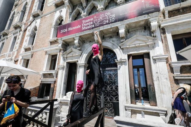 May 7, 2026, Venice, Rome, Italy: May 7, 2026, Venice. 61st International Art Exhibition of the Venice Biennale, titled In Minor Keys, curated by Koyo Kouoh. The Giardini della Biennale - Protest by the Pussy Riot collective in front of the Venice Biennale headquarters against the reopening of the Russian Pavilion at the 2026 Venice Art Biennale, led by Pussy Riot s Nadya Tolokonnikova. Venice Italy  - ZUMAa289 20260507_zia_a289_230 Copyright: xMircoxToniolox xAgfx
