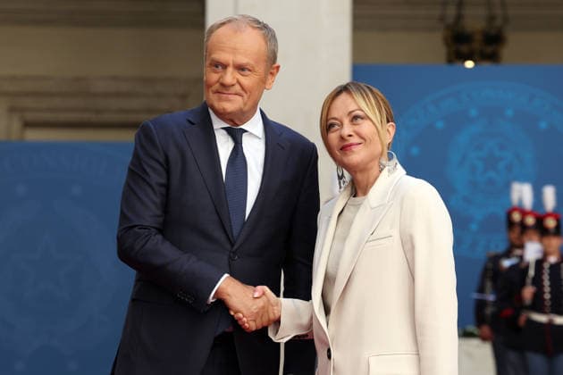 Rome, May 7, 2026: Prime Minister Giorgia Meloni welcomes Polish Prime Minister Donald Tusk to Palazzo Chigi for an institutional meeting dedicated to the main European issues and cooperation between Italy and Poland.  Copyright: xmarcoxiacobuccix xipa-agency.netx xmarcoxiacobuccix IPA_Agency_IPA74490203