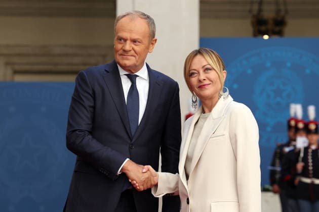 Rome, May 7, 2026: Prime Minister Giorgia Meloni welcomes Polish Prime Minister Donald Tusk to Palazzo Chigi for an institutional meeting dedicated to the main European issues and cooperation between Italy and Poland.  Copyright: xmarcoxiacobuccix xipa-agency.netx xmarcoxiacobuccix IPA_Agency_IPA74490247