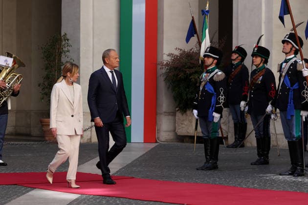 Rome, May 7, 2026: Prime Minister Giorgia Meloni welcomes Polish Prime Minister Donald Tusk to Palazzo Chigi for an institutional meeting dedicated to the main European issues and cooperation between Italy and Poland.  Copyright: xmarcoxiacobuccix xipa-agency.netx xmarcoxiacobuccix IPA_Agency_IPA74490258