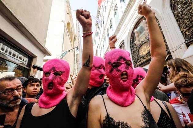 May 7, 2026, Venice, Italy: Protest by the Pussy Riot collective in front of the Venice Biennale headquarters against the reopening of the Russian Pavilion at the 2026 Venice Art Biennale, led by Pussy Riot s Nadya Tolokonnikova. Venice Italy  - ZUMAa289 20260507_zia_a289_201 Copyright: xMircoxToniolox xAgfx