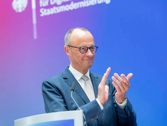 Friedrich Merz EUR, Germany, Berlin, 07 05 2026 Greeting by Federal Chancellor Friedrich Merz CDU at the festive event of the Federal Ministry for Digital and State Modernization on the occasion of its first anniversary In the presence of Karsten Wildberger CDU , Federal Minister for Digital and State Modernization Joint visit of the exhibitors