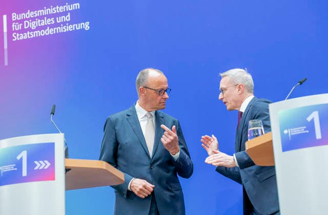 Friedrich Merz Karsten Wildberger EUR, Germany, Berlin, 07 05 2026 Greeting by Federal Chancellor Friedrich Merz CDU at the festive event of the Federal Ministry for Digital and State Modernization on the occasion of its first anniversary In the presence of Karsten Wildberger CDU , Federal Minister for Digital and State Modernization Joint visit of