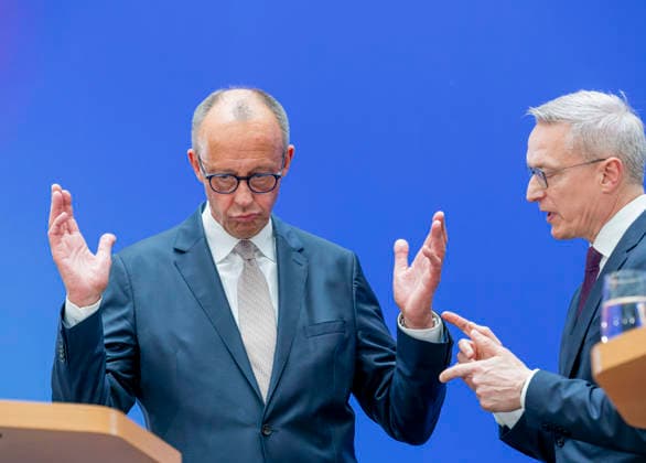 Friedrich Merz Karsten Wildberger EUR, Germany, Berlin, 07 05 2026 Greeting by Federal Chancellor Friedrich Merz CDU at the festive event of the Federal Ministry for Digital and State Modernization on the occasion of its first anniversary In the presence of Karsten Wildberger CDU , Federal Minister for Digital and State Modernization Joint visit of