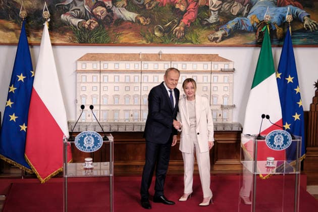 Institutional Visit of Polish Prime Minister Donald Tusk to Italy Italian Prime Minister Giorgia Meloni meets with Polish Prime Minister Donald Tusk at Palazzo Chigi during the institutional visit of the Polish delegation to Italy. Rome, May 7, 2026. Rome Italy Copyright: xAndreaxCalandrax