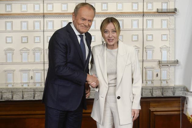 Photo IPP Marco Mattei Rome 07 05 2026 Prime Minister meets with Prime Minister of Poland at Palazzo Chigi in photo Giorgia Meloni Donald Tusk Italy Photo Press World Copyright
